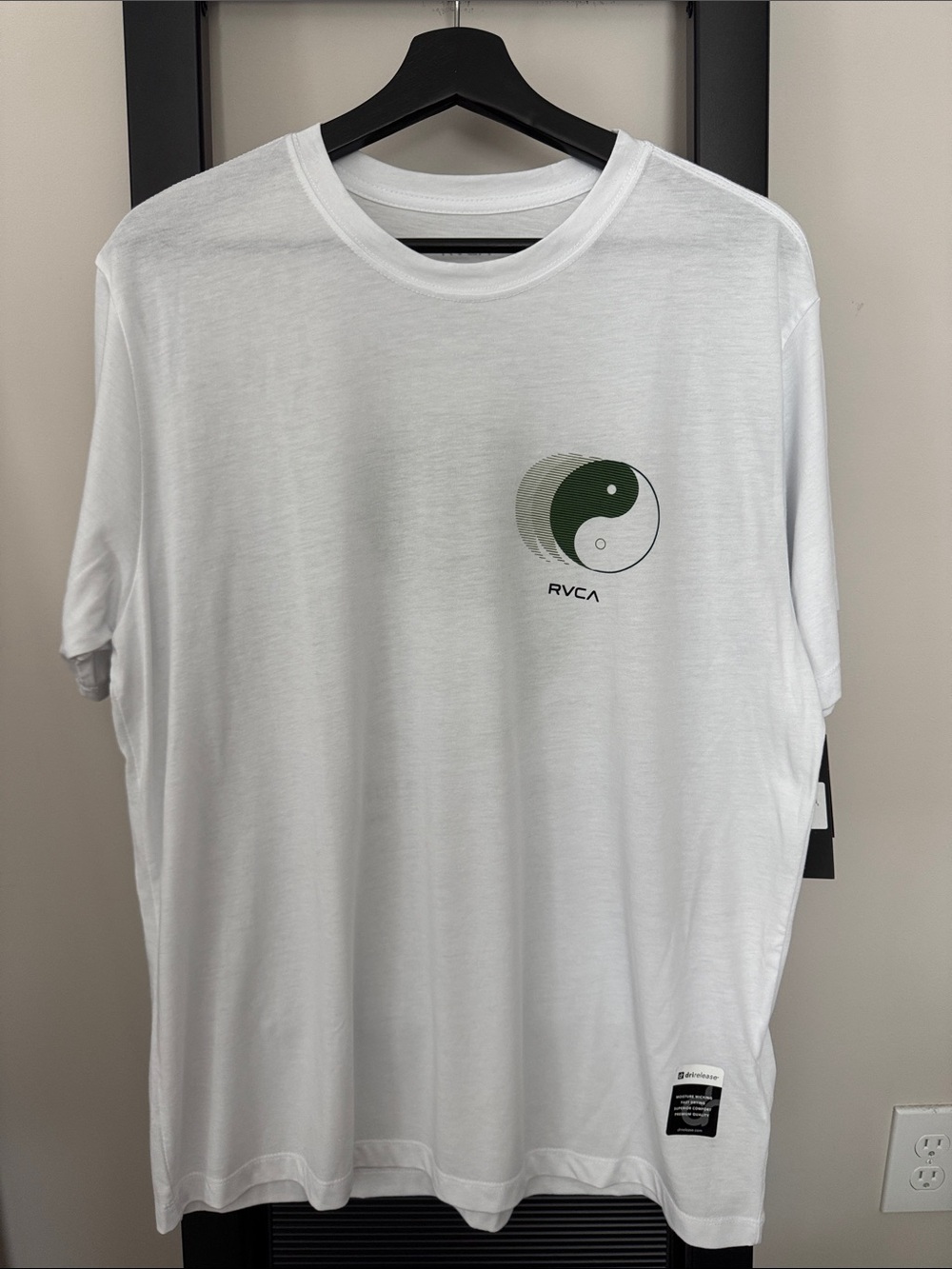 RVCA White Short Sleeve Tee with Green Yin Yang Chest Graphic